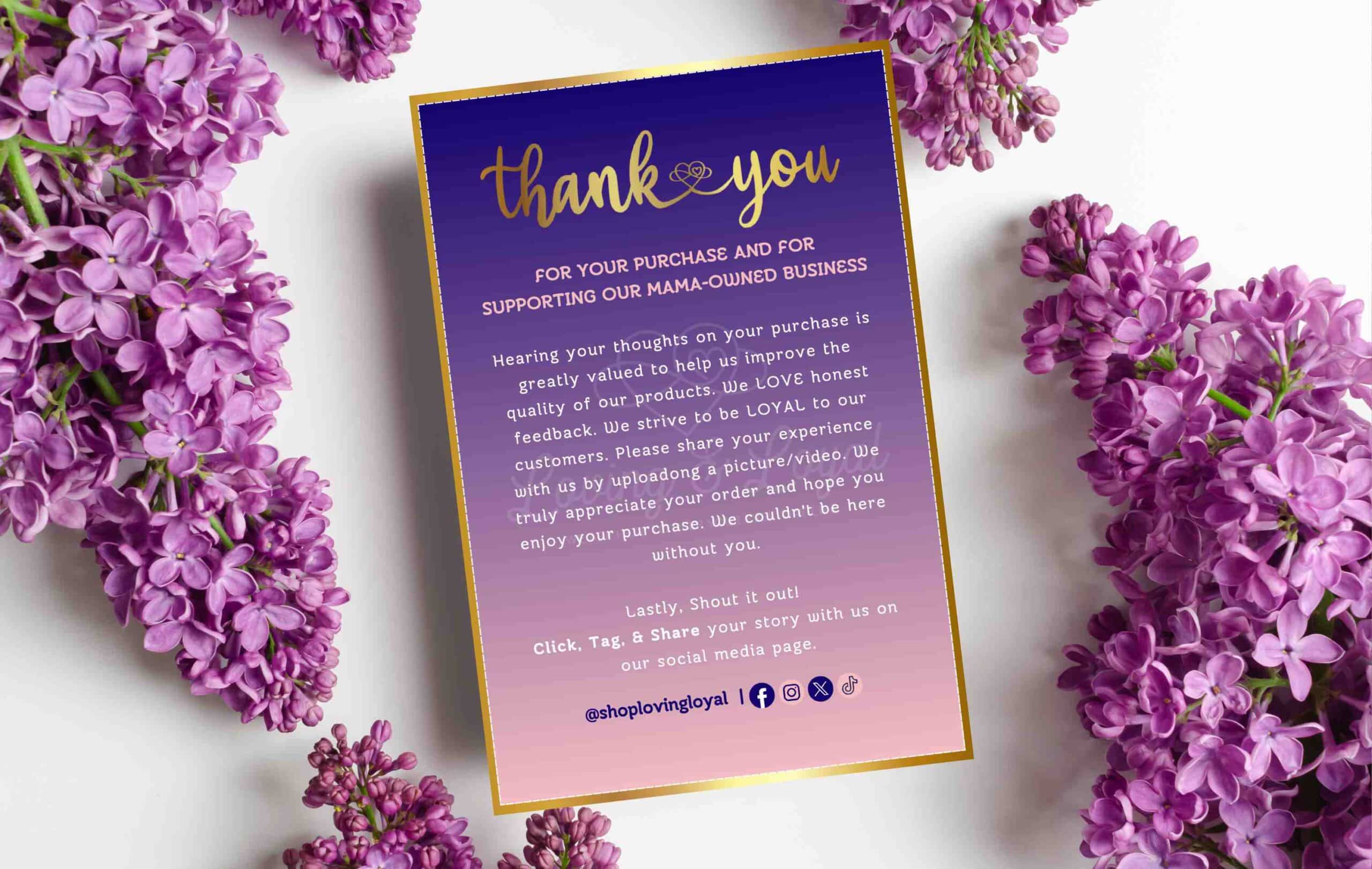 A thoughtfully designed product insert card with a simple thank you for buyers