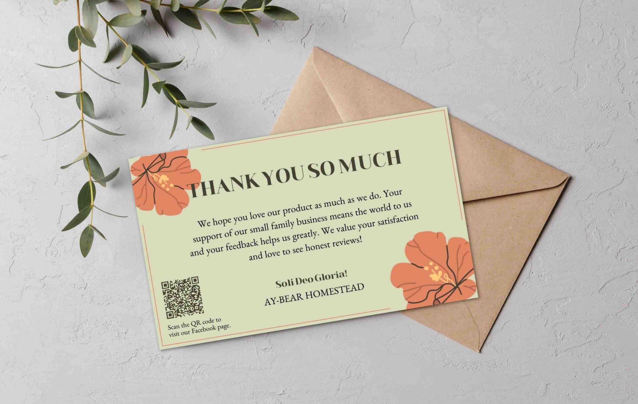 A thoughtfully designed product insert card with a simple thank you for buyers