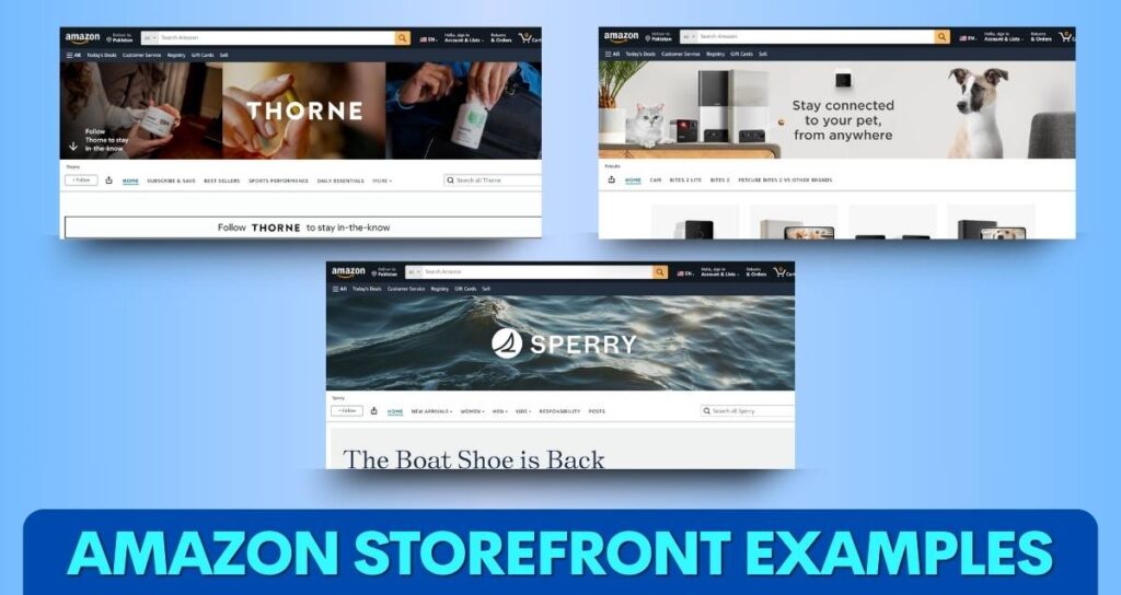 Amazon Storefront Examples (Petcube, Thorne, Sperry)