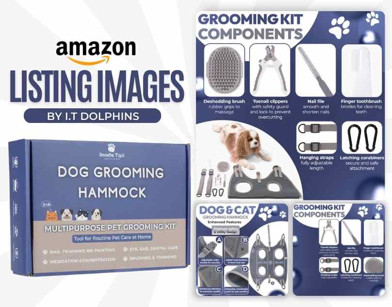 Listing image optimization of the pet care grooming kit with an impressive packaging box, components, and usage guide