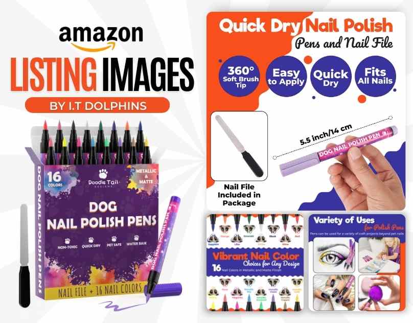 Listing image optimization of dog nail polish pen box featuring color variations and usage variety