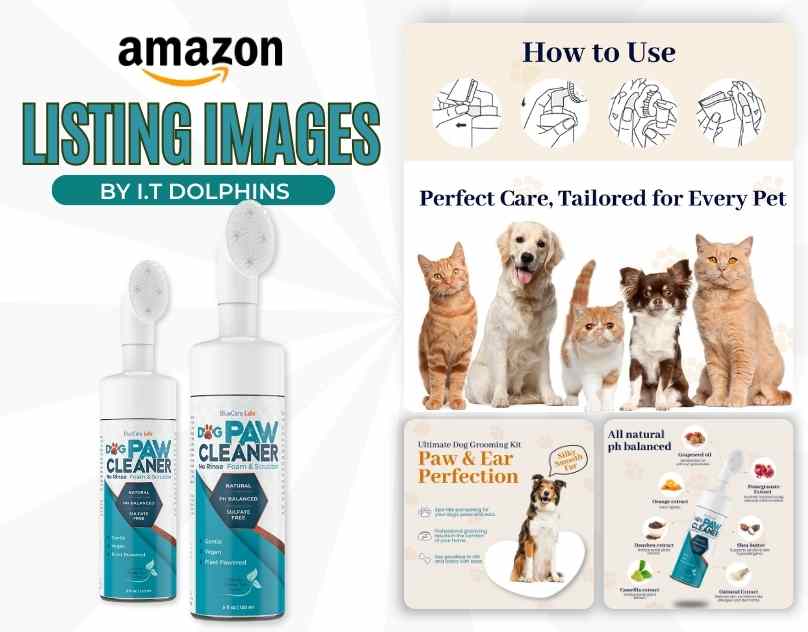 Listing image optimization of a dog paw cleaner in a unique way highlighting usage guide and other features