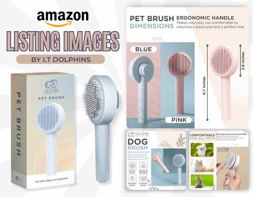 Listing image optimization of a pet brush representing the color variations and dimensions