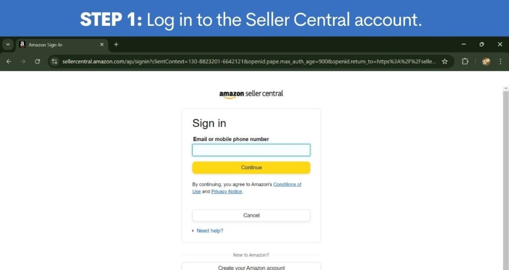 Log in to the Seller Central account.